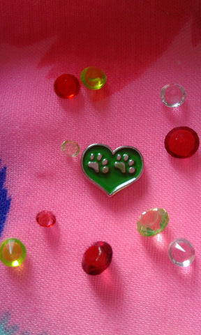 Green Dog Paw Heart Floating Charm